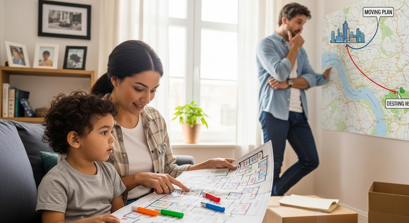 Dans un salon, une mère montre un plan de déménagement à son enfant, tandis qu’un père au loin semble inquiet, regardant une carte représentant la distance entre deux villes.