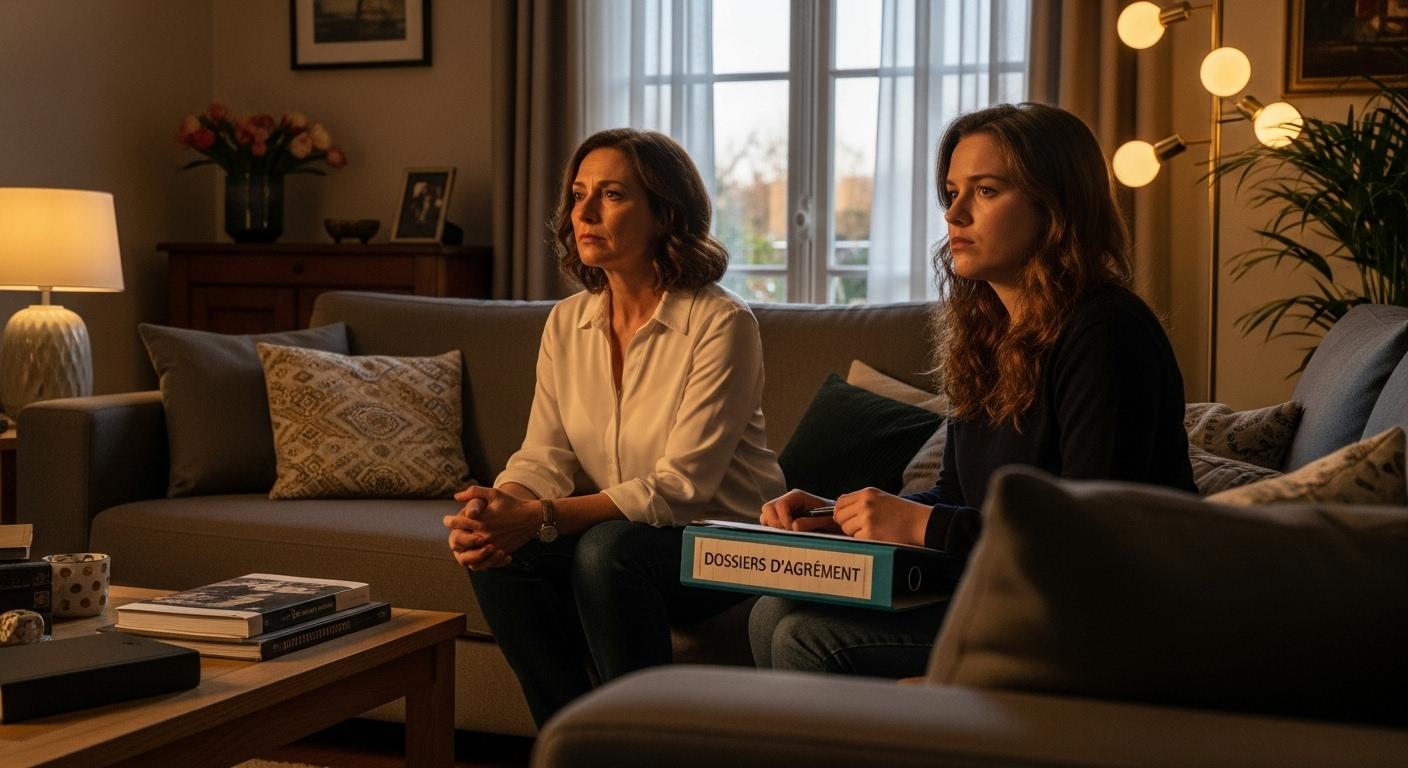En fin de journée, sur un canapé d’un salon accueillant, une femme réfléchit en silence, la lumière du soir filtrant à travers la fenêtre, tandis qu’à ses côtés, une jeune femme nommée Mathilde, l’air songeur, tient des dossiers d’agrément sur ses genoux.