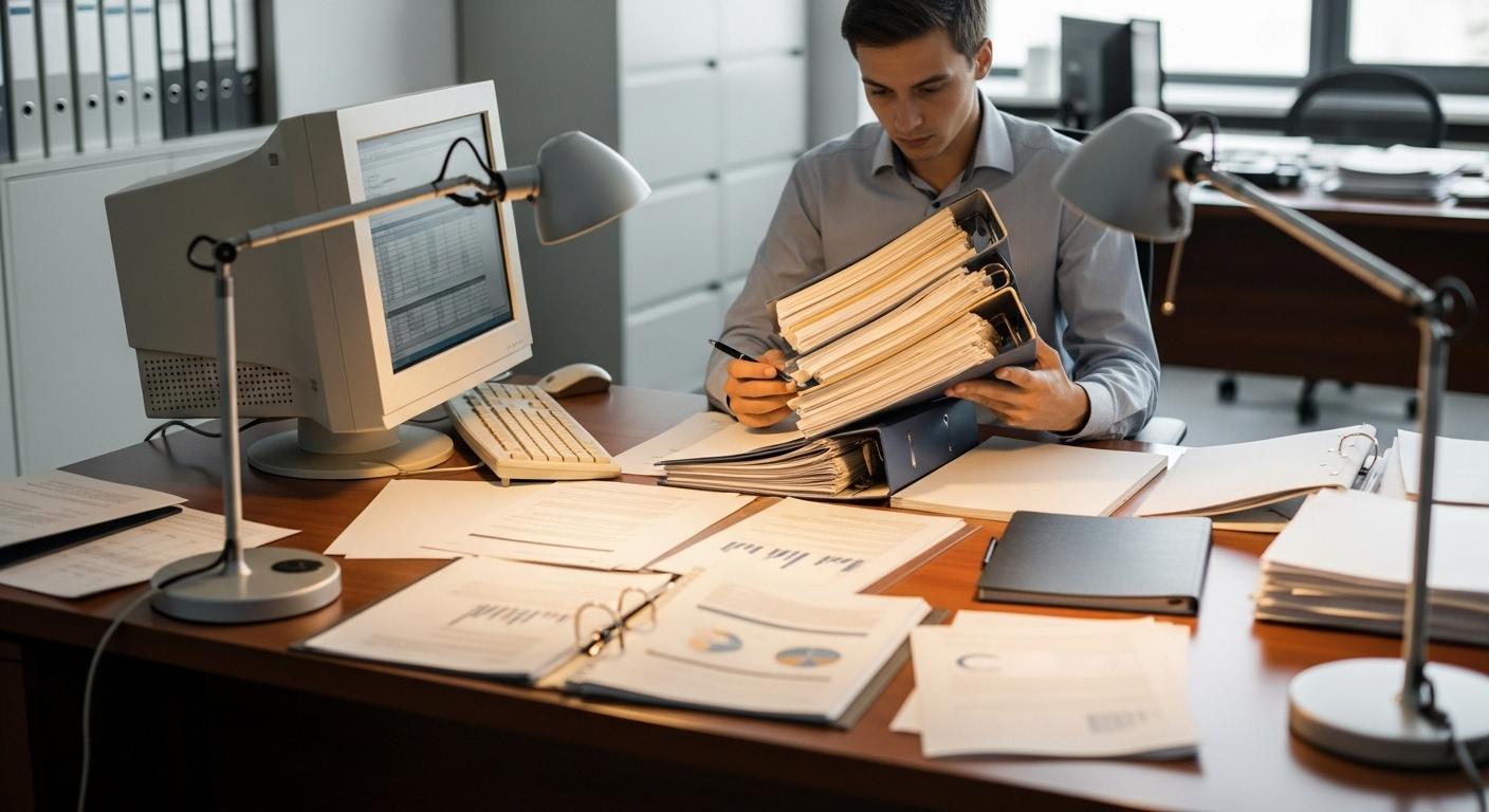 Un agent administratif derrière un bureau examine une pile de dossiers, devant un ordinateur, alors que des documents justificatifs sont étalés sur la table.