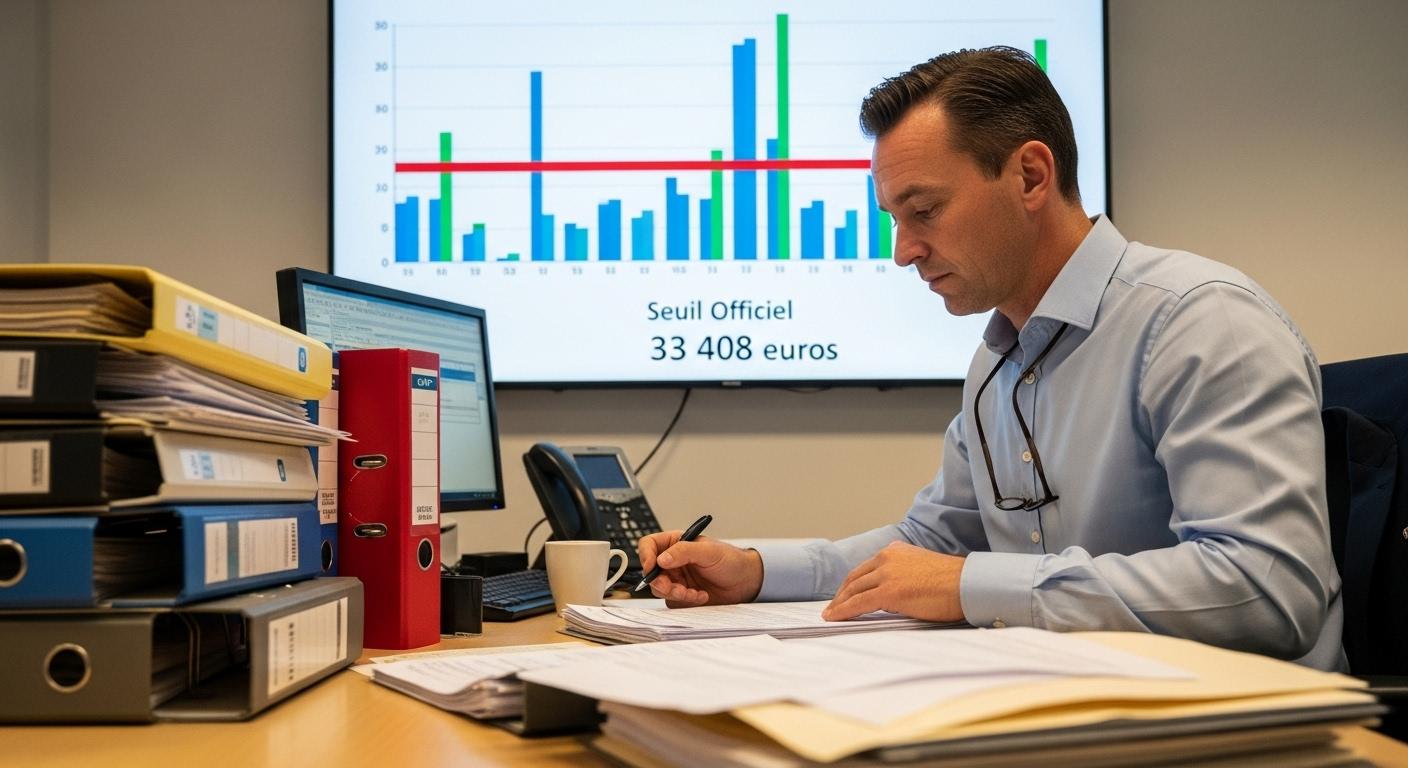 Un agent de la CAF en train de vérifier des documents administratifs sur un bureau, entouré de dossiers empilés, avec en arrière-plan l'affichage d'un graphique montrant le seuil officiel des 33 408 euros.