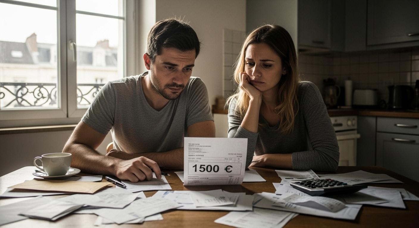 Un couple assis à la table de la cuisine, factures étalées, regardant une fiche de paie indiquant 1500 euros, leurs visages fermés alors que la lumière du matin traverse la fenêtre, illustrant la difficulté financière face aux plafonds du RSA.