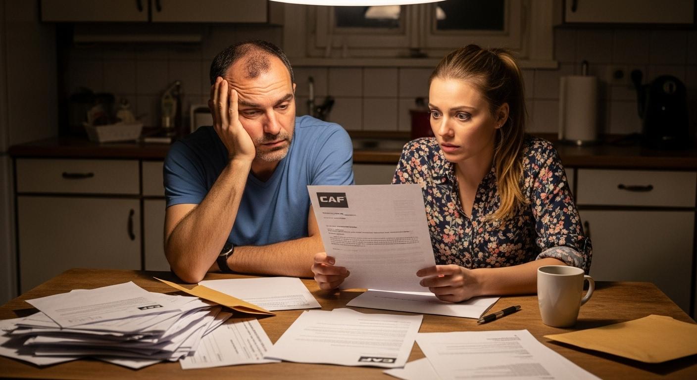 Un couple assis autour d'une table de cuisine, papiers administratifs étalés devant eux, regardant avec anxiété une lettre officielle de la CAF.