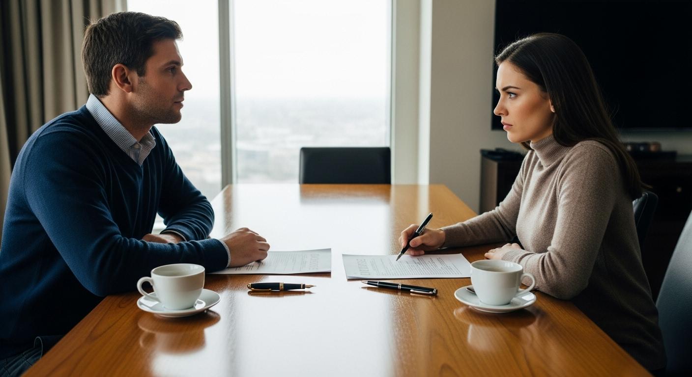 Un couple assis chacun à un bout d'une grande table, les papiers du divorce au centre, l'un regarde ailleurs dans la lumière du matin, l'autre fixe les documents avec tension, des stylos immobiles, ambiance tendue et silencieuse.