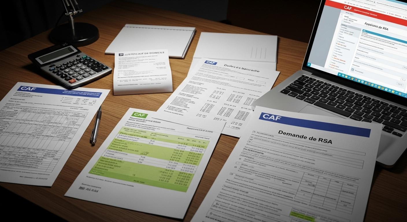 Un dossier CAF étalé sur une table, avec des papiers administratifs, un justificatif de domicile, des relevés bancaires, une calculatrice et un ordinateur portable ouvert sur le site de la CAF, illustrant la complexité des démarches RSA pour une personne seule.