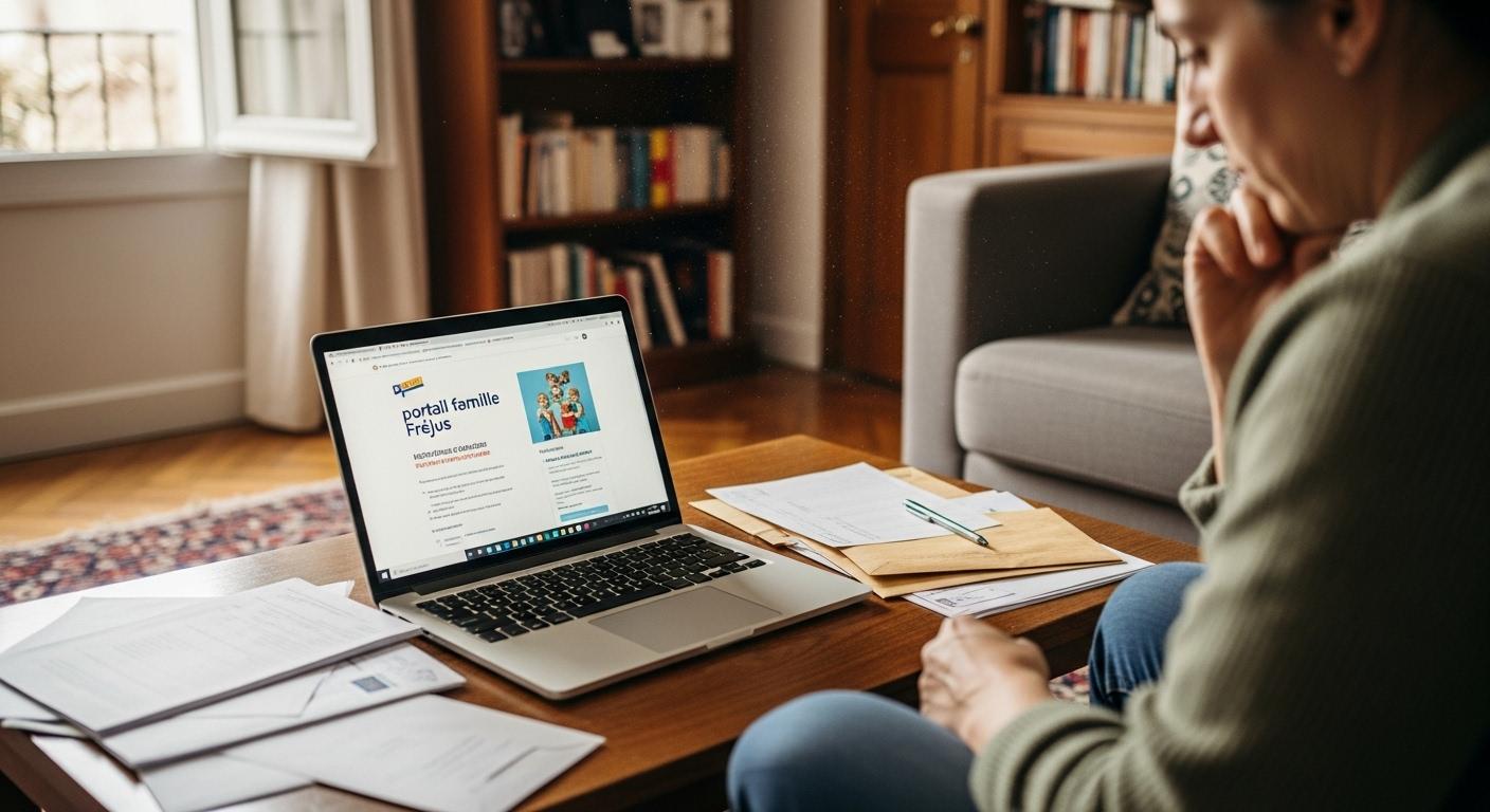 Un parent assis dans son salon, ordinateur portable ouvert devant lui, consulte le portail famille Fréjus pour organiser une inscription scolaire, des papiers administratifs rangés sur la table basse.