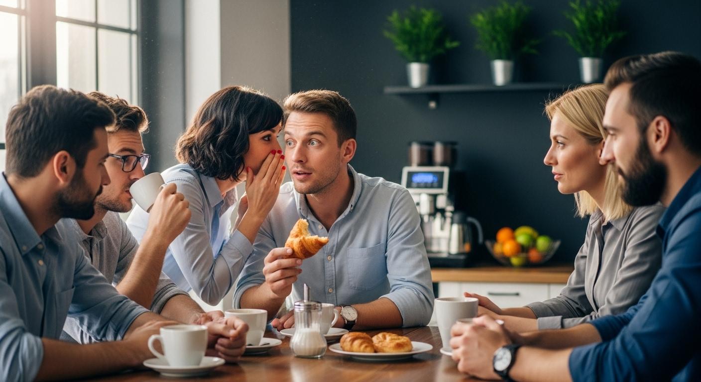 Un petit groupe de collègues discute avec animation autour d'un café dans un espace de pause, l'un d'eux chuchotant à l'oreille d'un autre avec un air intrigué ; des regards curieux circulent, évoquant une rumeur persistante.