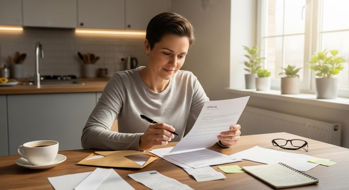 Un(e) adulte assis(e) à sa table de cuisine lit attentivement une lettre officielle, l’air soulagé mais légèrement inquiet, avec des papiers éparpillés autour de lui/elle et un stylo à la main, lumière du jour traversant la fenêtre