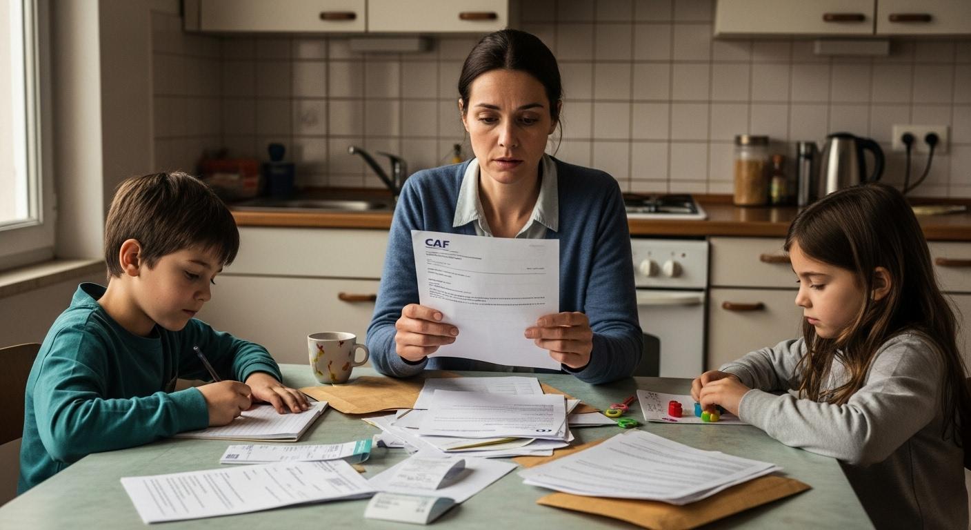 Une femme d'une quarantaine d'années, assise à la table de sa cuisine modeste avec ses deux enfants, regarde une lettre de la CAF en main, l'air soulagé mais anxieux, des documents administratifs éparpillés devant elle, symbolisant la gestion difficile du budget familial et l'importance de l'AAH et du RSA pour le quotidien.