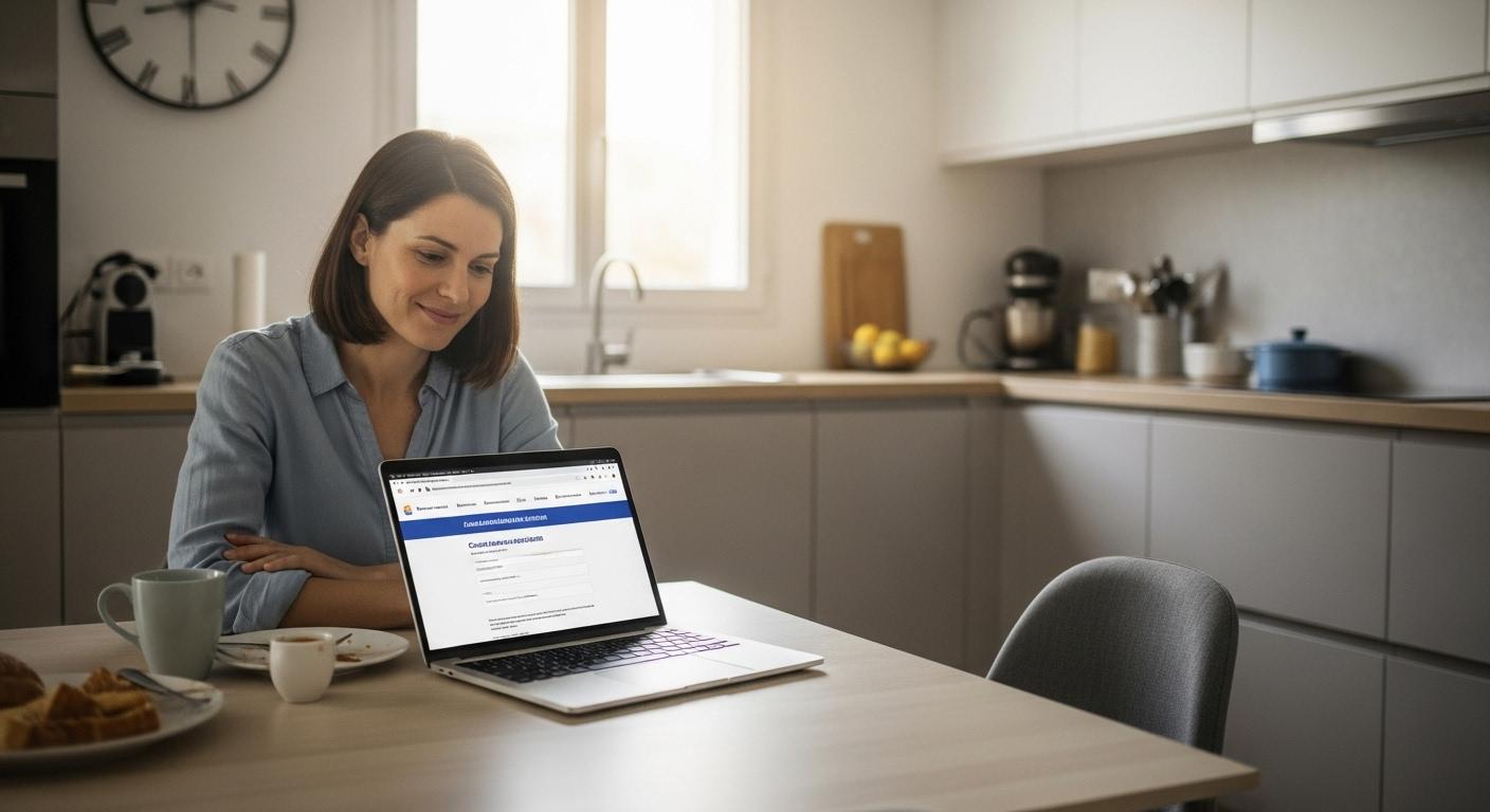 Une mère de famille, assise à la table de la cuisine à Toulon, annule calmement la cantine de son enfant sur un ordinateur portable, sourire soulagé aux lèvres, lumière du matin, ambiance tranquille d’intérieur familial contemporain.