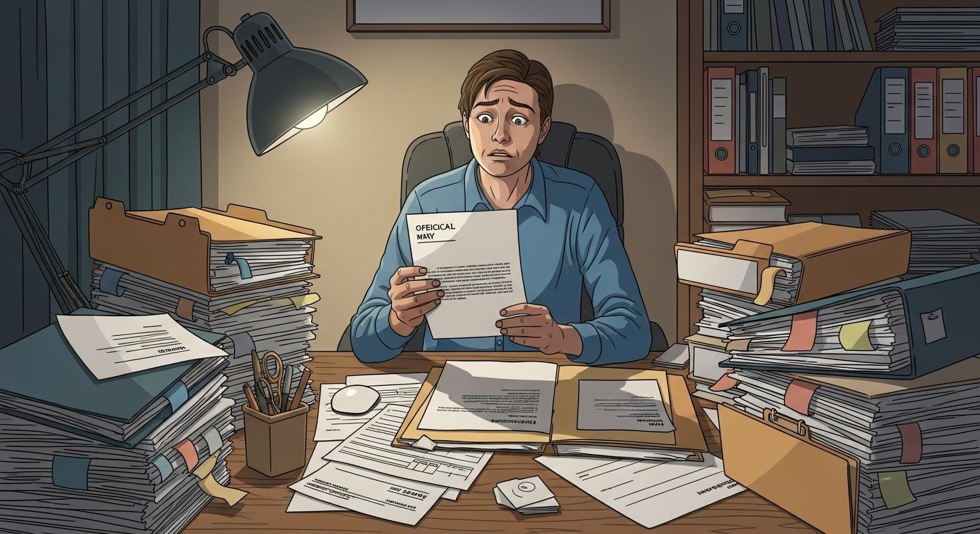 Une personne assise à sa table, entourée de dossiers administratifs et de formulaires, regarde avec nervosité un courrier officiel reçu par la poste.