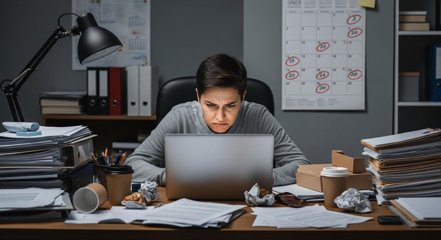 Une personne assise à une table, entourée de dossiers administratifs et de papiers, fixant son ordinateur portable d’un air préoccupé, un calendrier affiché sur le mur derrière elle avec plusieurs jours entourés en rouge.