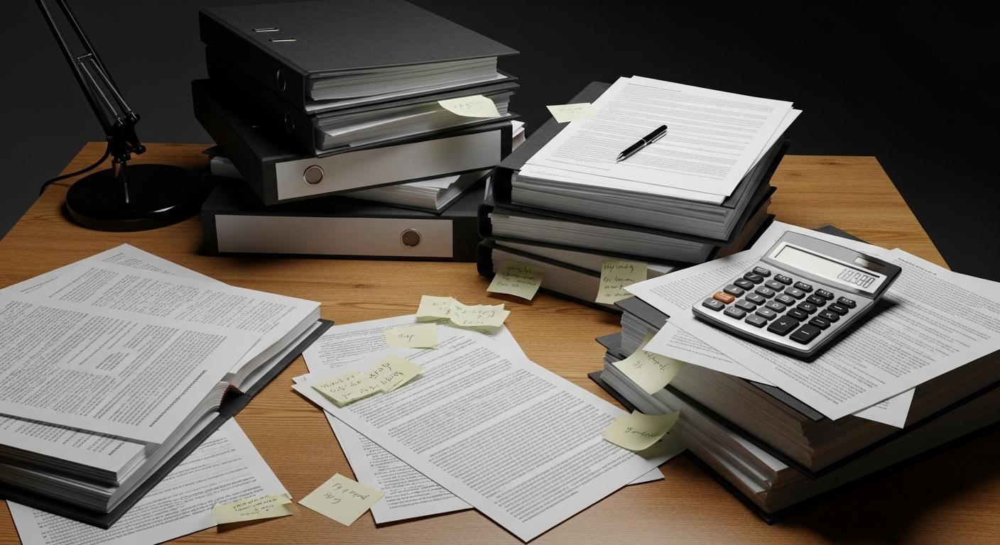 Une pile de dossiers juridiques et de papiers administratifs éparpillés sur une table, à côté d'une calculatrice, illustrant la lourde charge de la paperasse liée au divorce et au calcul de la prestation compensatoire.