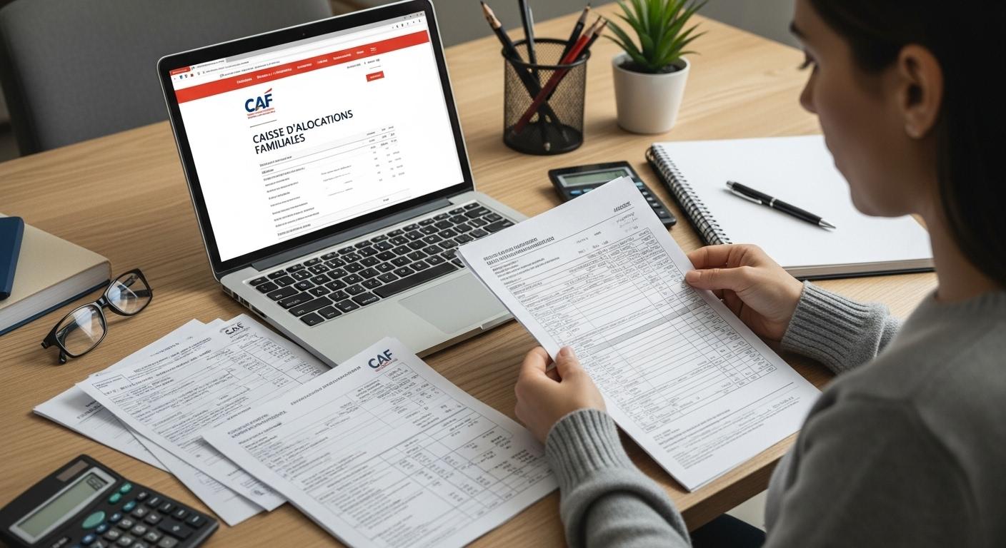Vue réaliste d’un dossier administratif sur une table, avec des bulletins de salaire rangés, des attestations de pension, des relevés d’allocations et un écran d’ordinateur affichant le site de la CAF, illustrant la vérification très minutieuse par un agent ou un allocataire