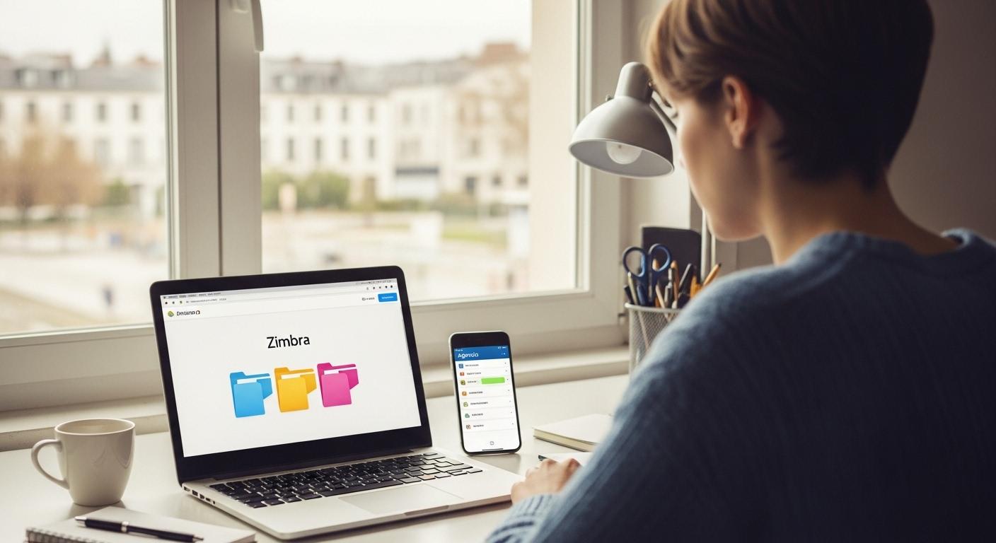 Vue réaliste d’un étudiant dans un espace de travail lumineux à l’université Grenoble Alpes, consultant sur son ordinateur le portail Zimbra, avec à côté un téléphone affichant un agenda synchronisé et des dossiers colorés à l’écran.