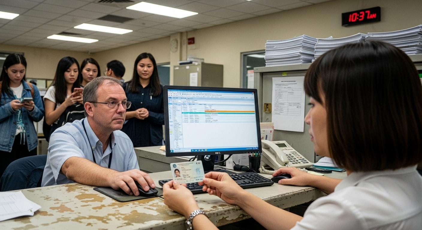 Dans un bureau administratif, une femme présente une carte d'identité à un agent qui vérifie attentivement une date de naissance sur un ordinateur, pendant qu'une file d'attente patiente derrière elle.