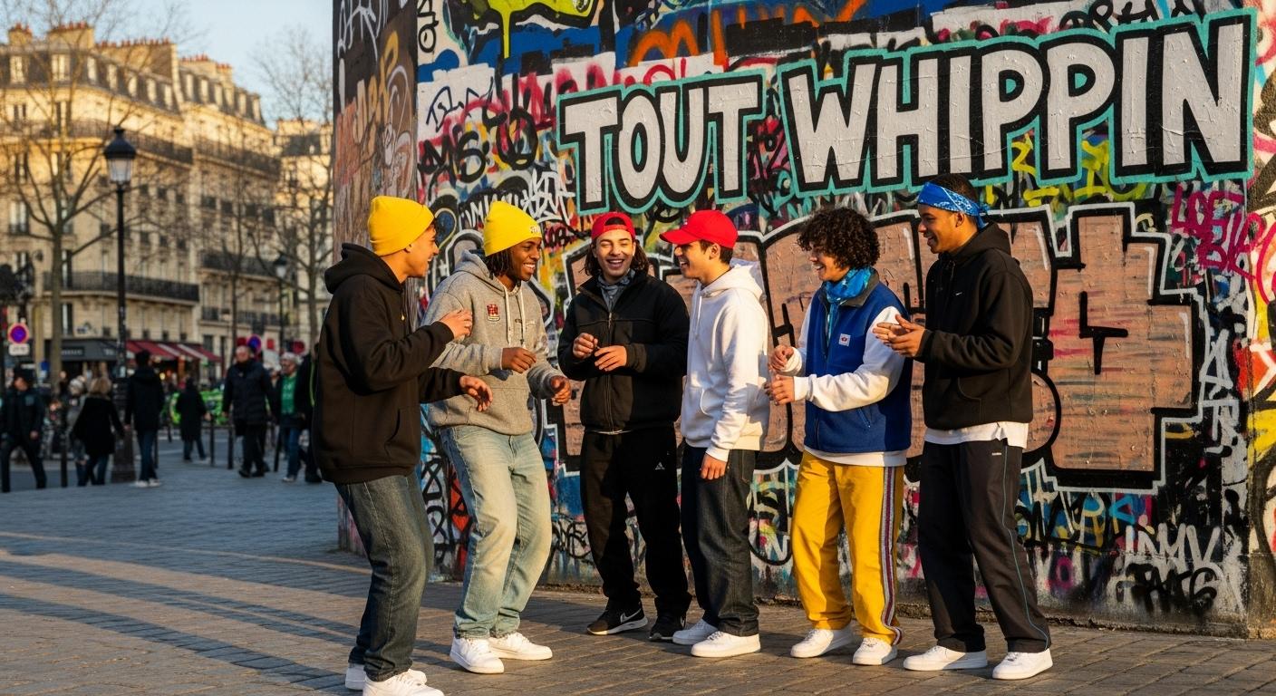 Des adolescents discutent et rient près d'un mur tagué "tout whippin" à Barbès, vêtu de streetwear coloré, ambiance de fin d'après-midi urbaine, baskets blanches et casquettes, la ville bouillonnante en arrière-plan.