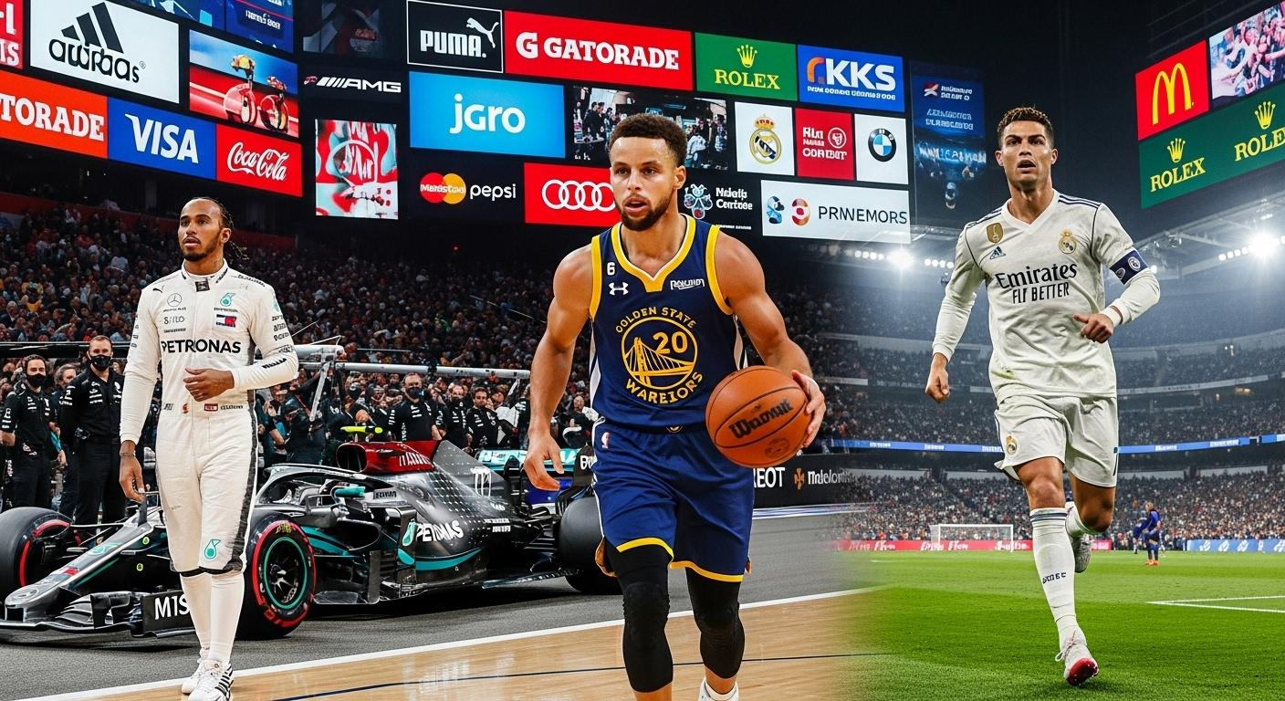 Des athlètes célèbres comme Stephen Curry, Cristiano Ronaldo et Lewis Hamilton posant fièrement chacun dans leur environnement sportif iconique, vêtements aux logos de grandes marques, arrière-plan rempli de panneaux publicitaires lumineux affichant des sponsors prestigieux, illustrant la puissance financière et l'influence du sponsoring dans le sport mondial