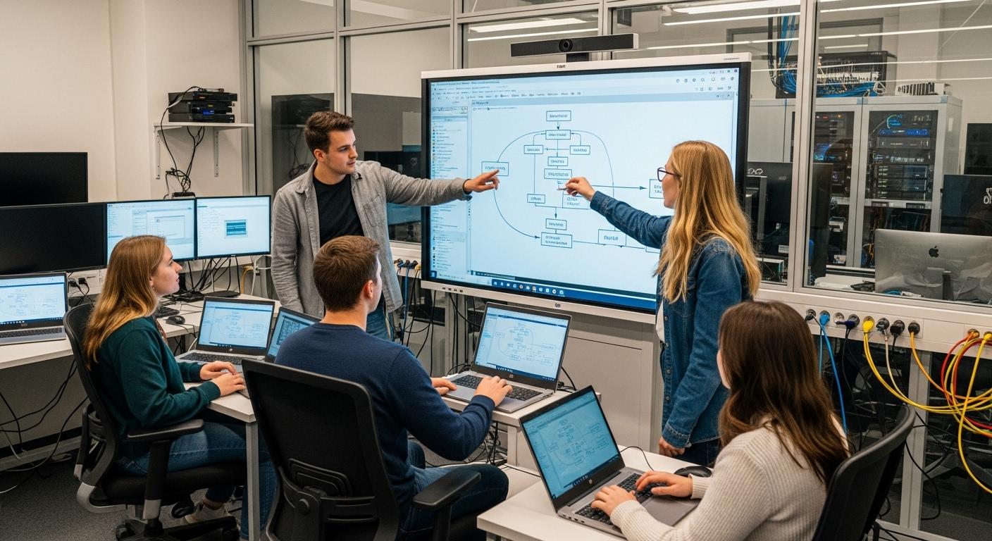 Des étudiants en informatique collaborent autour d'un tableau numérique interactif dans une salle moderne, concentrés sur un projet digital, entourés d'équipements technologiques et de portables ouverts.