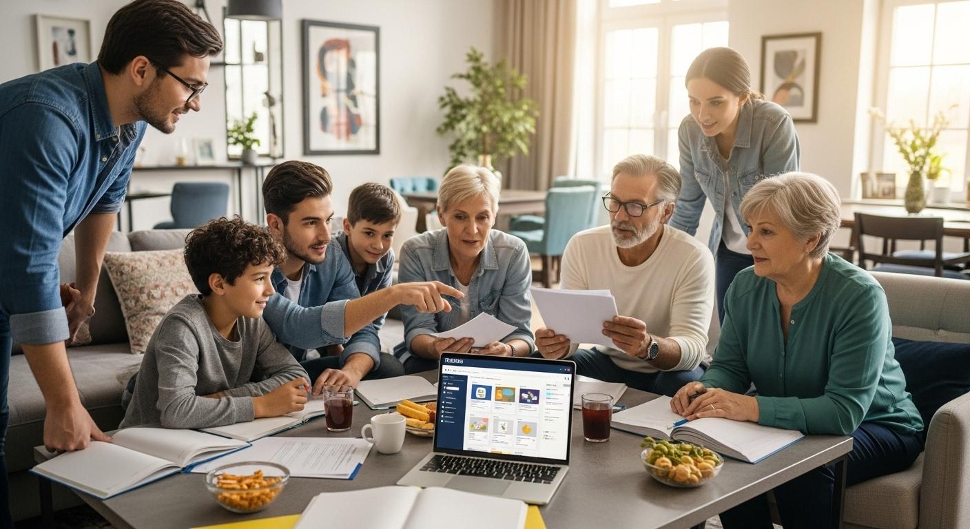 Groupe de personnes de différentes générations, réunies autour d'un ordinateur portable dans un salon familial moderne, naviguant sur le portail Eduline, certains consultent des documents, d'autres discutent, ambiance studieuse et conviviale avec lumière naturelle en arrière-plan.