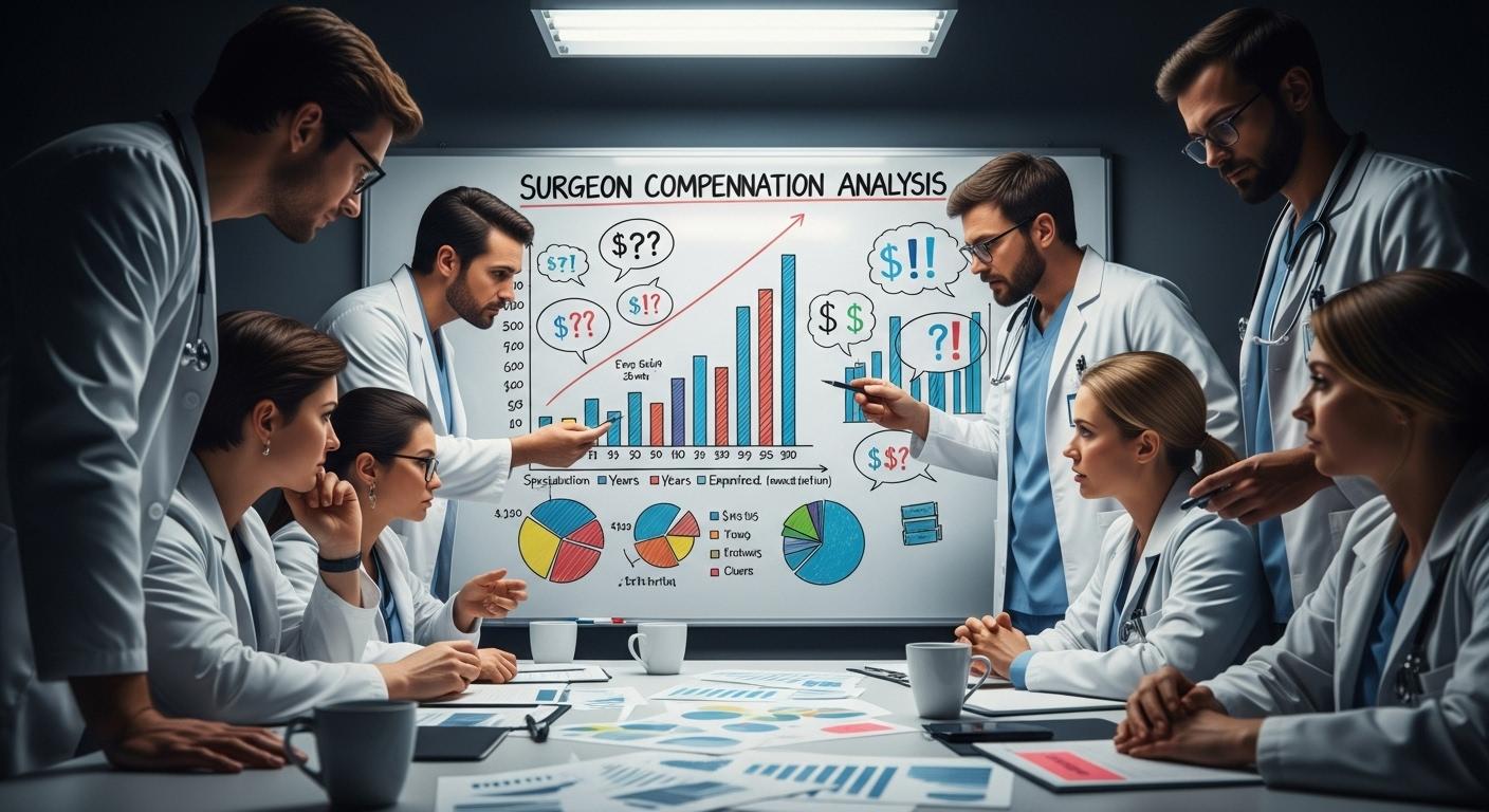Plusieurs chirurgiens en blouse blanche discutent autour d'une table dans un hôpital, leurs visages fatigués contrastant avec des graphiques de salaires affichés sur un tableau à proximité, symbolisant les écarts et les discussions animées sur les rémunérations.