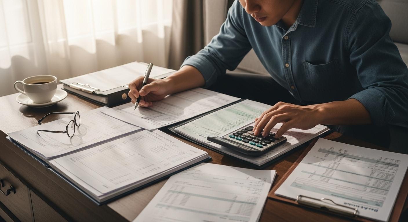 Plusieurs dossiers et relevés bancaires étalés sur une table de salon, une personne vérifiant attentivement chaque document avec une calculatrice et un stylo, une ambiance de concentration et de lumière naturelle en journée.