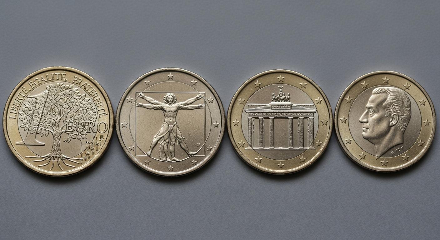 Plusieurs pièces de 1 euro posées les unes à côté des autres, avec des revers différents représentant des motifs nationaux reconnaissables de France, Italie, Allemagne et Espagne.