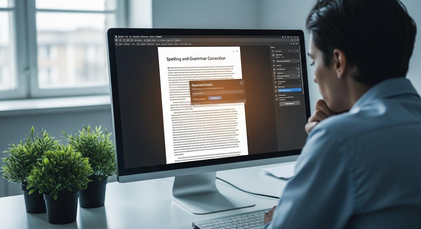 Un bureau moderne avec un écran ouvert sur un document professionnel, une extension de correcteur orthographique visible sur l'écran, une personne relisant attentivement le texte, ambiance concentrée et professionnelle, plantes vertes sur le côté.