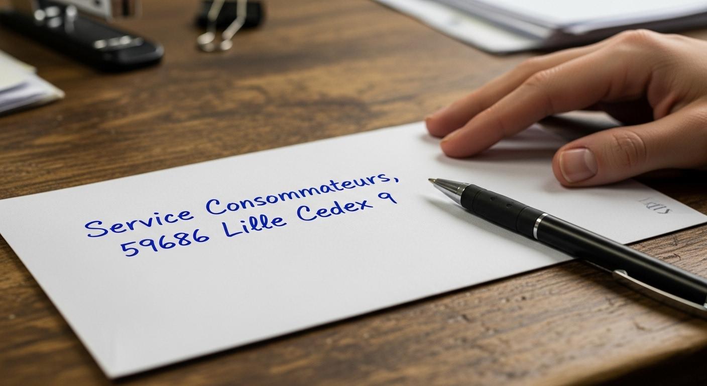 Un courrier sur une table, une enveloppe annotée à la main avec « Service Consommateurs, 59686 Lille Cedex 9 » au centre, un stylo posé à côté, une main hésitante prête à écrire, ambiance administrative réelle.
