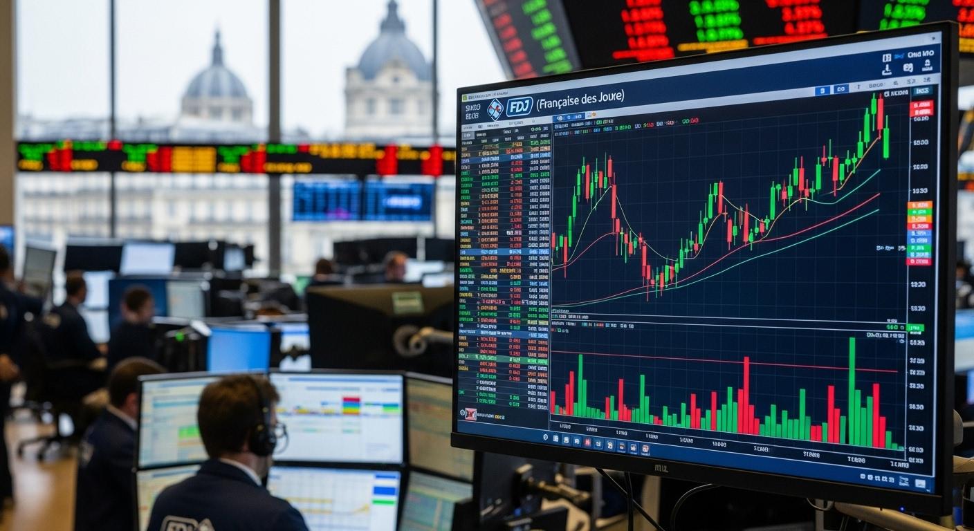 Un écran d’ordinateur affiche une courbe boursière FDJ sur fond de salle de marché animée, avec des investisseurs concentrés devant leurs moniteurs, graphiques financiers colorés et ambiance de trading en pleine activité à Paris.
