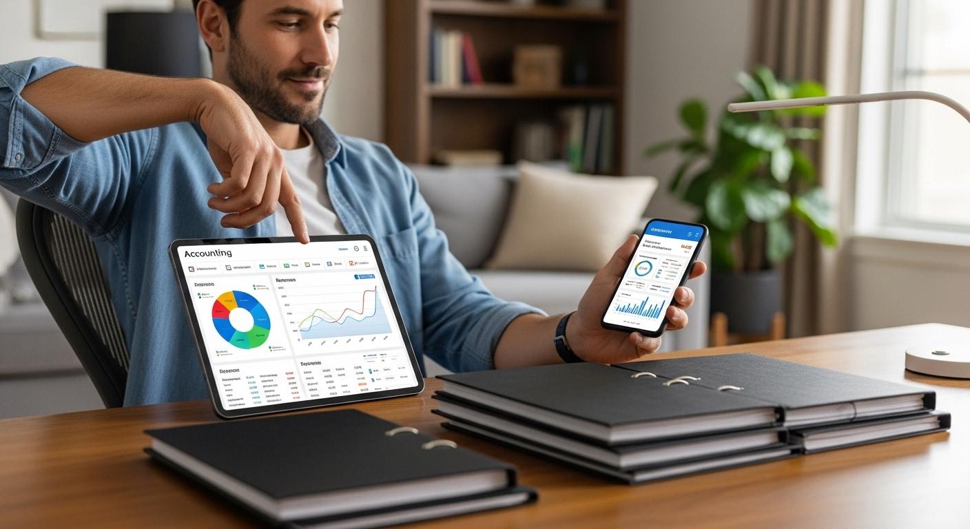 Un entrepreneur utilise une tablette et un smartphone, confortablement installé chez lui, consultant son dashboard comptable moderne avec des graphiques colorés à l'écran, tandis que des piles de papiers restent fermées sur le bureau.