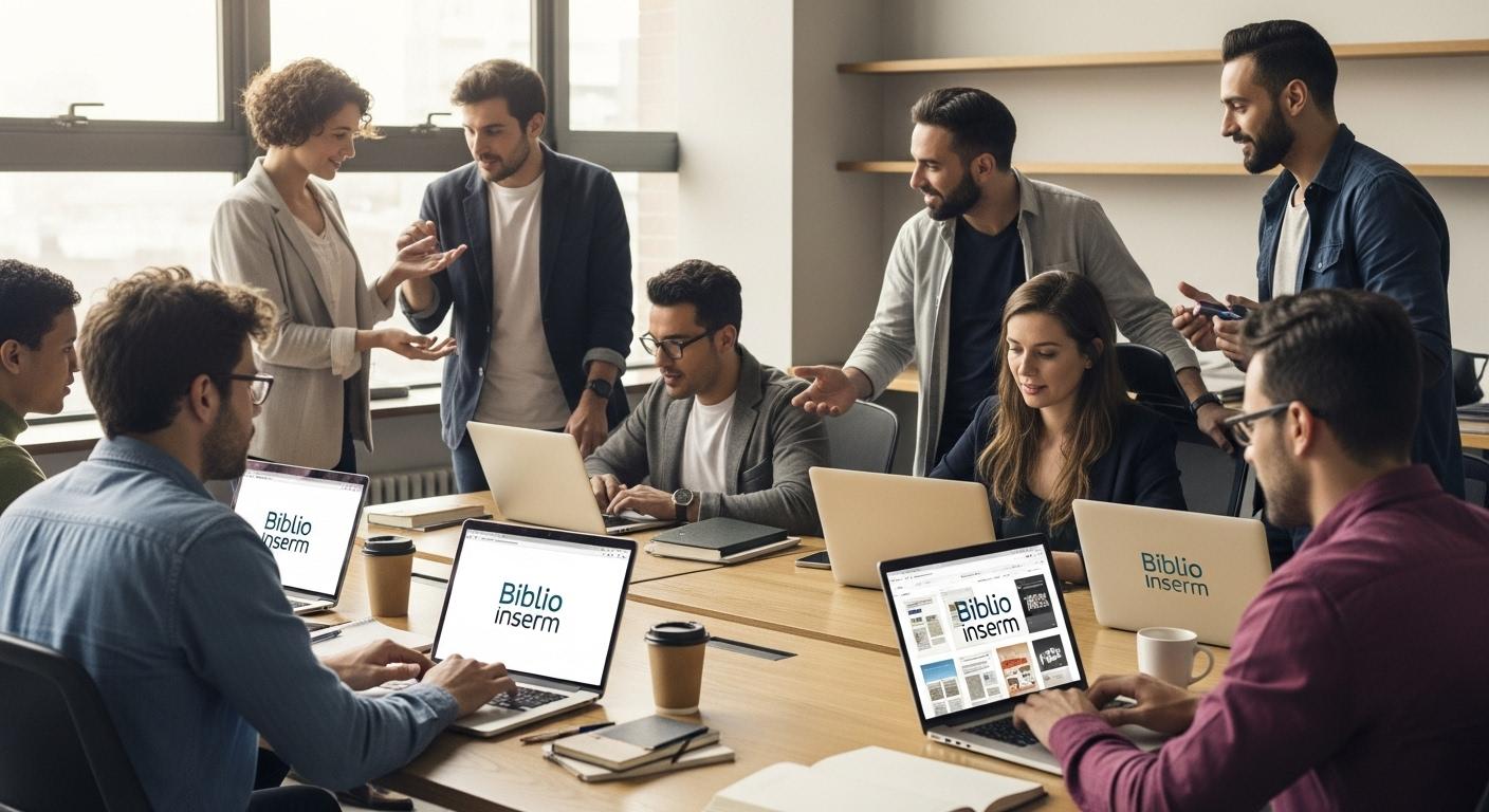 Un groupe de chercheurs et d'étudiants, chacun devant un ordinateur portable dans un espace de coworking moderne, accédant à la plateforme biblio Inserm, échangeant des idées et consultant des articles scientifiques en temps réel.