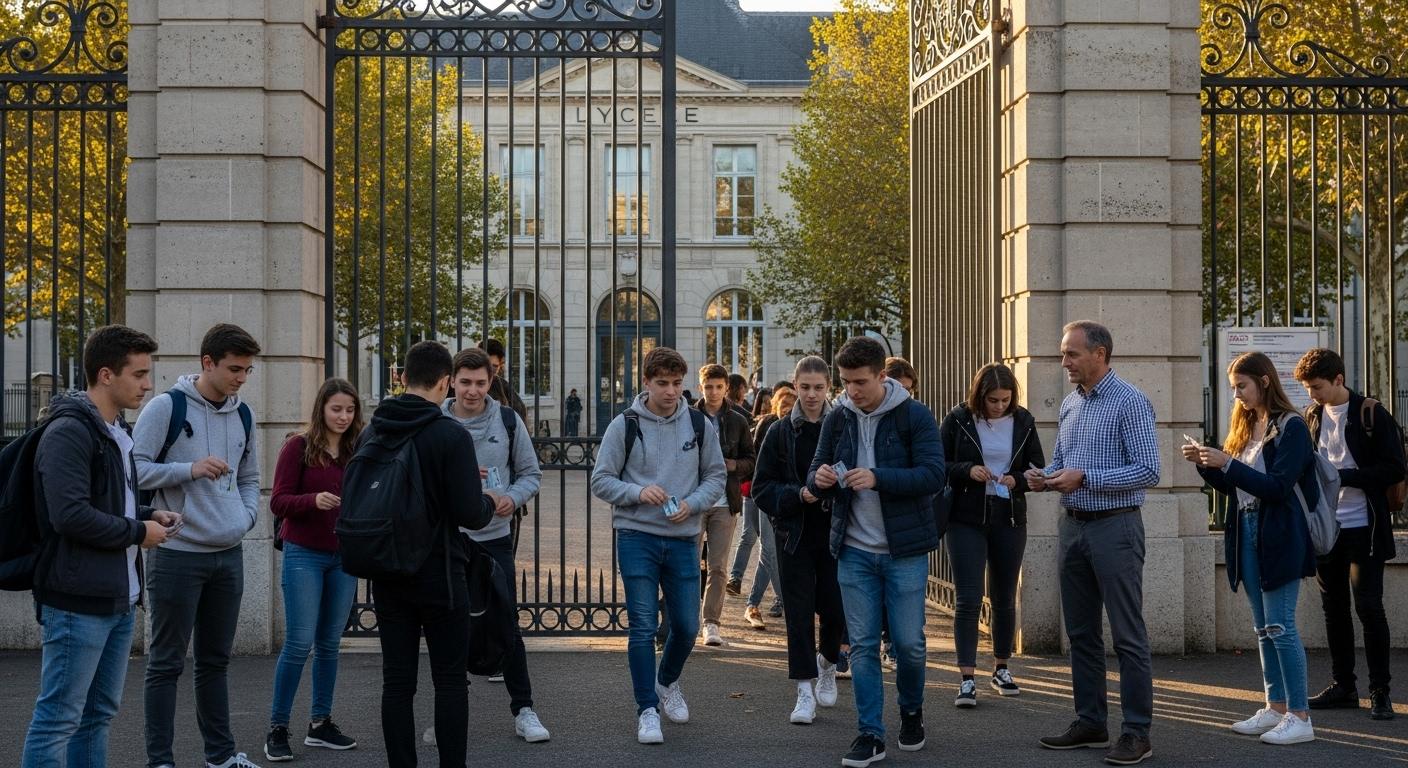 Un groupe d'élèves devant le portail d'un lycée, certains sortant leur carte lycéenne en plastique de la poche sous le regard vigilant d'un surveillant au portail, ambiance de début de journée scolaire en France.