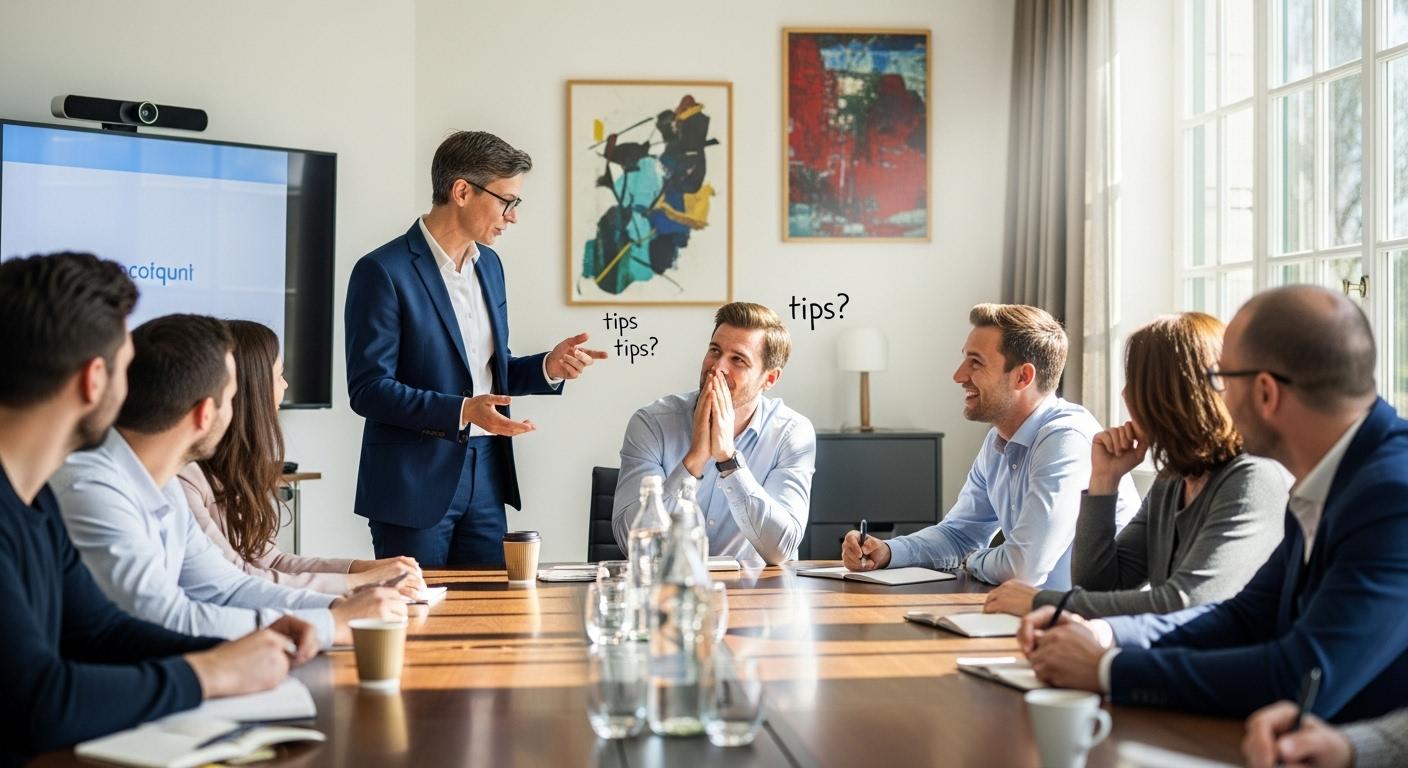 Un manager britannique échange lors d'un séminaire international avec une équipe franco-allemande, dans une salle de réunion moderne, un membre français répond avec un sourire timide à la question sur les "tips", pendant que d'autres participants les écoutent autour d'une table, ambiance conviviale et professionnelle.