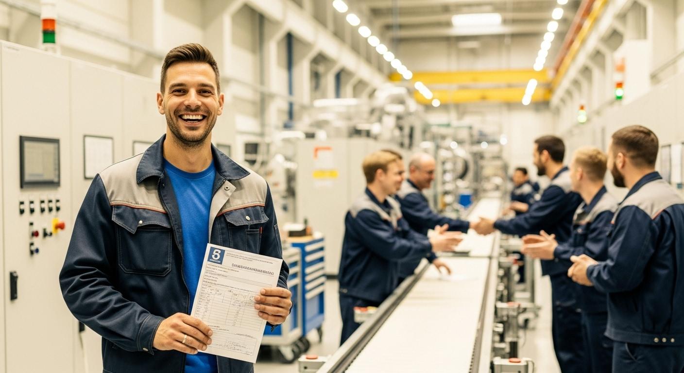 Un technicien en veste de travail, souriant à côté d'une ligne de production dans une centrale nucléaire, tenant une lettre d'avancement ou une fiche de classement, dans un atelier lumineux, entouré de collègues félicitant le passage d'un échelon.