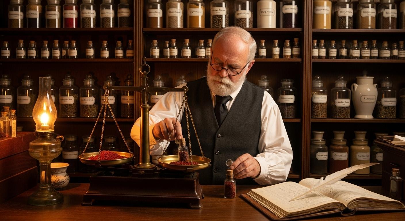 Un vieil apothicaire dans sa boutique en bois sombre du XIXe siècle, en train de peser minutieusement une petite quantité d'épices sur une balance en cuivre, entassant soigneusement des pots alignés sur des étagères, cahier de comptes ouvert à la main.