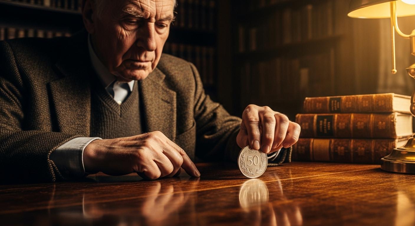 Un vieil homme assis à une table en bois ancien, coin de bibliothèque, faisant glisser une pièce de 50 francs argent brillante entre ses doigts, les traits du visage concentrés, lumière dorée éclairant la scène et reflets de la pièce sur le bois.