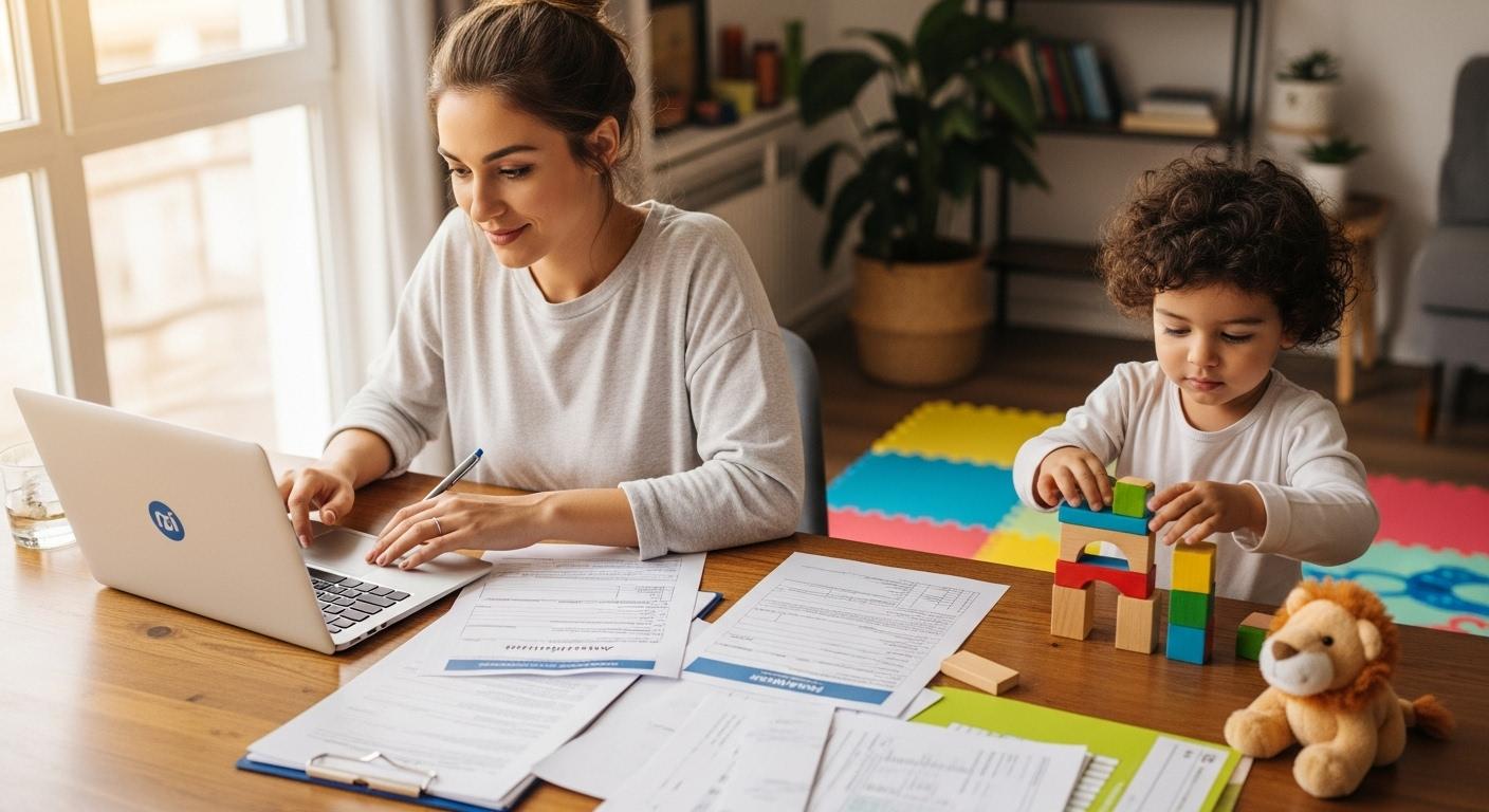 Une jeune mère assise à une table, entourée de documents administratifs, remplit sereinement un formulaire sur son ordinateur portable, dans une ambiance de lumière naturelle, avec son enfant qui joue calmement à côté, illustrant la tranquillité et la gestion simplifiée grâce à la plateforme.