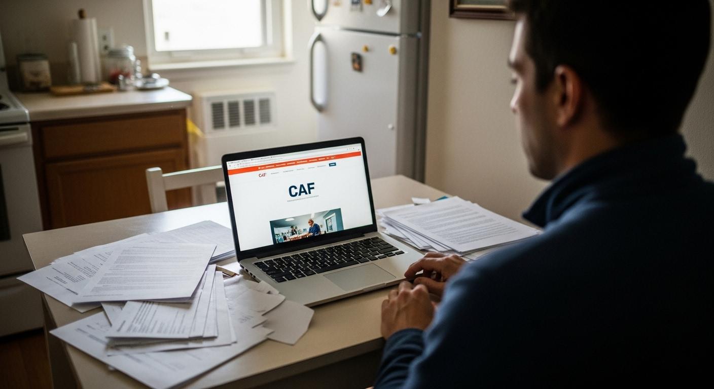 Une personne seule, assise à sa table de cuisine modeste, face à un ordinateur portable affichant le site de la CAF, un dossier de papiers administratifs étalé à côté, dans un appartement sobre et lumineux.