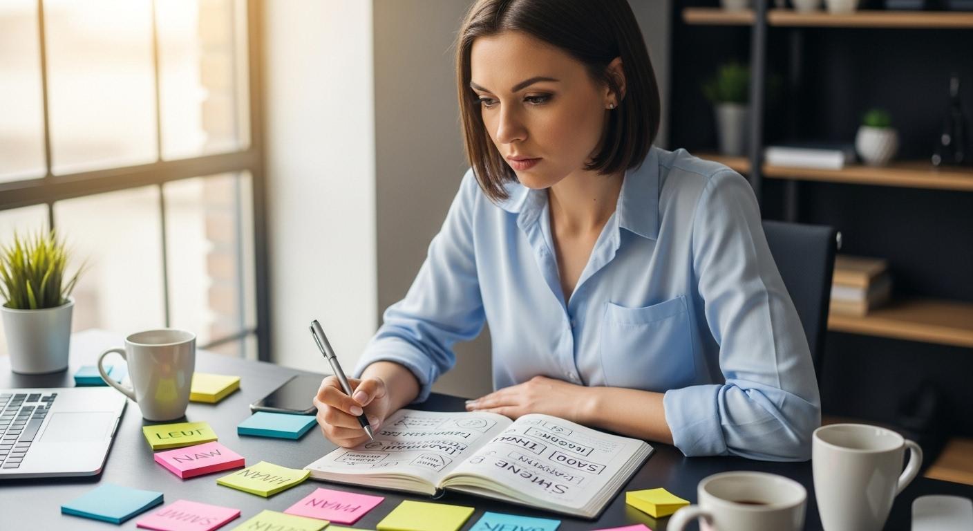 Une secrétaire indépendante assise à son bureau moderne, concentrée, un carnet ouvert devant elle rempli d'essais de slogans, entourée de post-it colorés et de tasses de café, à la recherche de la phrase parfaite.