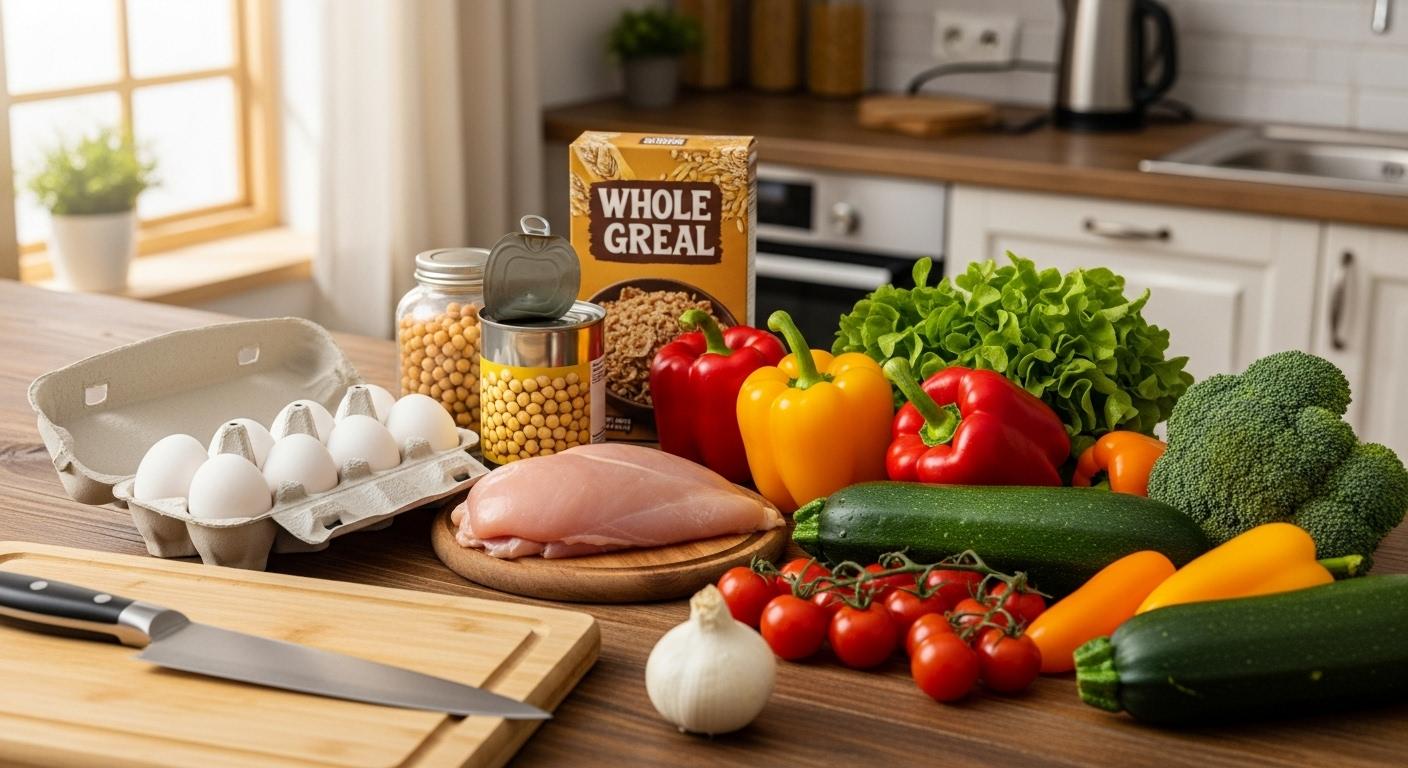 Une table de cuisine où sont disposés des œufs, des pois chiches en conserve, un filet de poulet, des céréales complètes et des légumes de saison, le tout préparé pour la réalisation d’un repas sain et abordable.